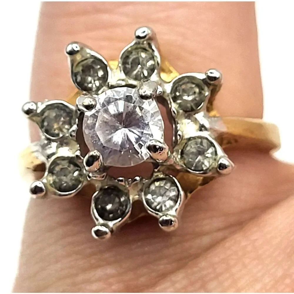 Cubic Zirconia Flower Ring Sz 6 Gold Tone Signed CA Flower CZ Cocktail